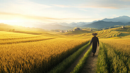 Fototapeta premium traditional farmer walking towards horizon in golden rice field, surrounded by mountains and serene landscape. warm sunlight enhances peaceful atmosphere