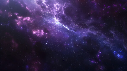 An ethereal outer space scene filled with stars, galaxies, and a glowing nebula in rich purples and blues, giving a cosmic, mysterious feel