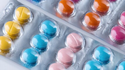 A collection of assorted blister packs containing multicolored capsules, showcasing a variety of shapes and sizes.
