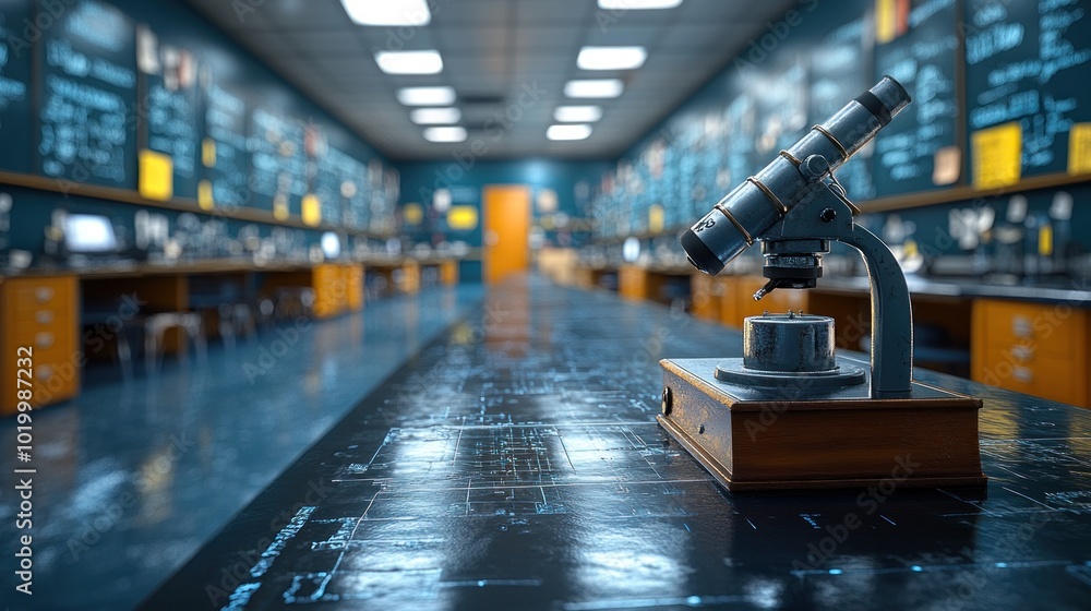 Poster a microscope on a lab table in a scientific classroom.
