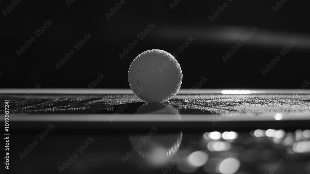 Poster a single white ball rests on a smooth, reflective surface, casting a soft shadow and creating a mini