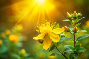 St Johns Wort Flower in Focus with Copy Space for Text Overlay - Natural Remedies and Herbal Medicine