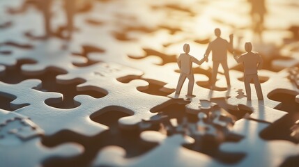 3D illustration of paper businessmen completing a large puzzle, highlighting the importance of teamwork in problem-solving.