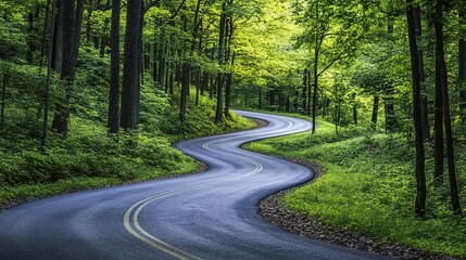 Naklejka premium Scenic Winding Road Through Lush Green Forest