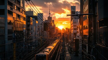 Obraz premium A train travels through a cityscape at sunset, with the sun shining through the buildings.