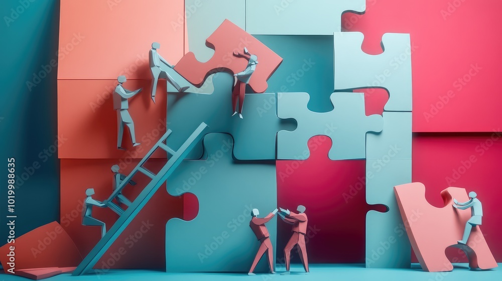 Aufkleber 3d illustration of paper businessmen working on a large puzzle, symbolizing group effort and problem