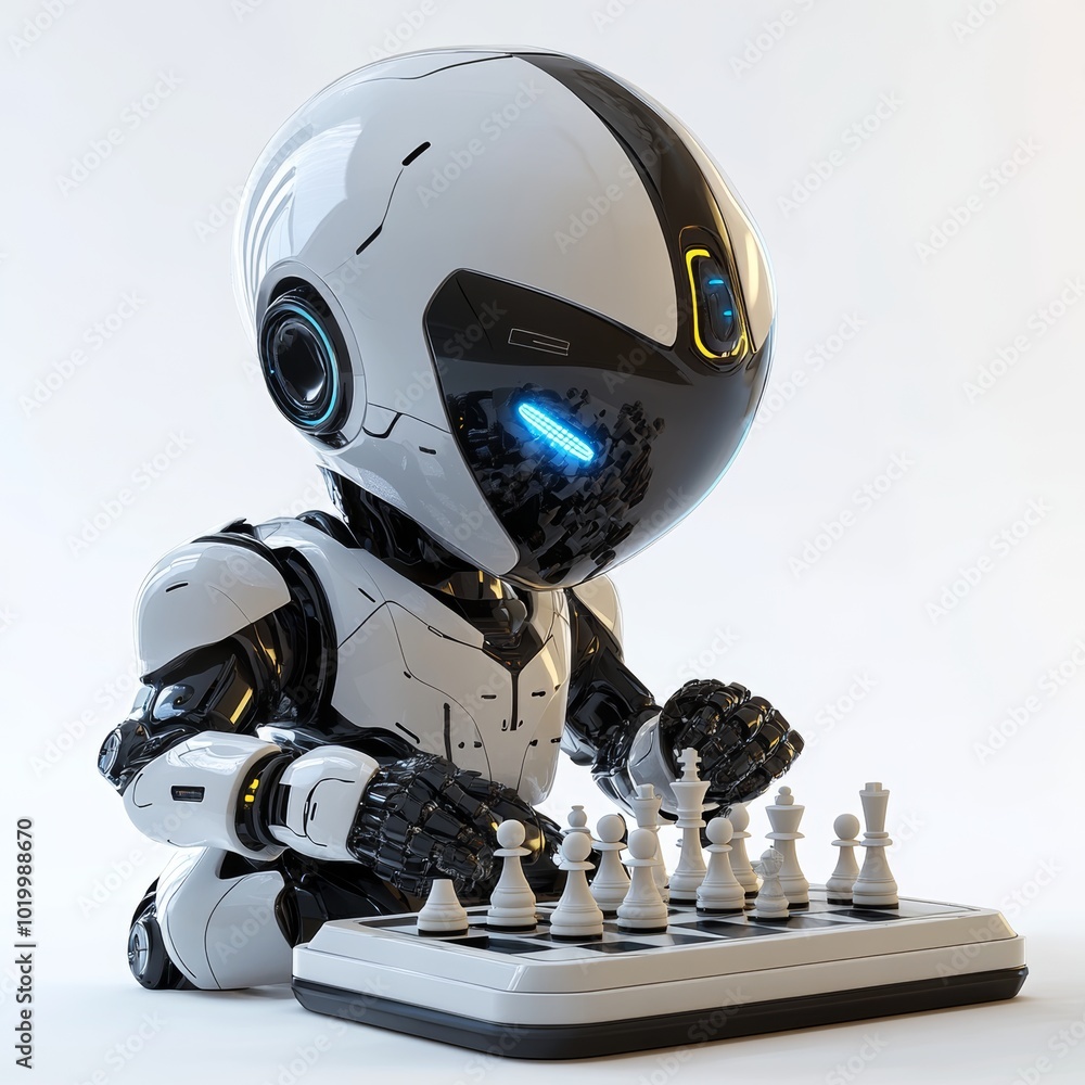Poster robot playing chess artificial intelligence futuristic technology game strategy compe