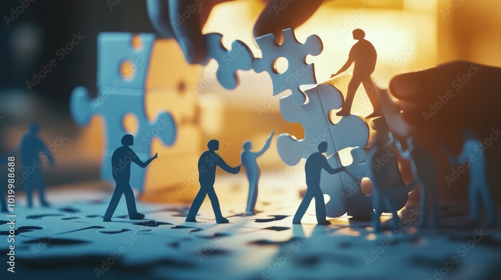 Aufkleber 3d illustration of paper businessmen working on a large puzzle, symbolizing group effort and problem