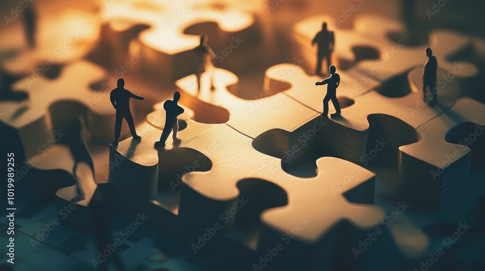 Poster 3d scene of paper businessmen placing large puzzle pieces, representing effective teamwork and probl