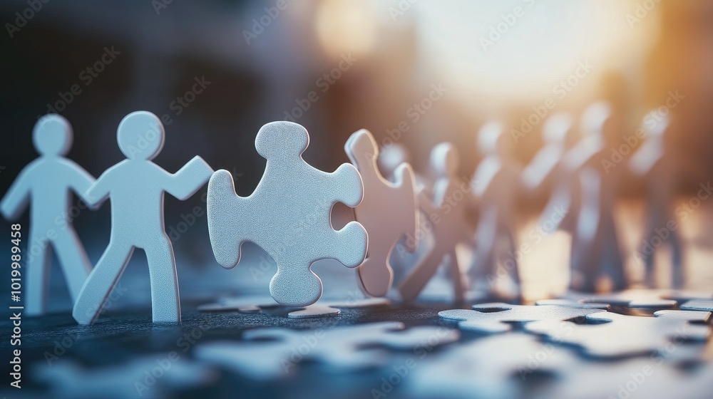Poster 3d scene of paper businessmen placing large puzzle pieces, representing effective teamwork and probl