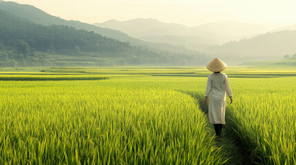 woman walking through sea of green rice fields, surrounded by lush mountains and serene landscape. peaceful atmosphere evokes sense of tranquility and connection to nature
