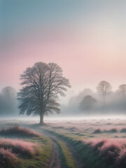 Fototapeta premium A soft, misty morning sky with pastel tones of pink and blue, with the fog rising from the fields and trees barely visible in the distance 