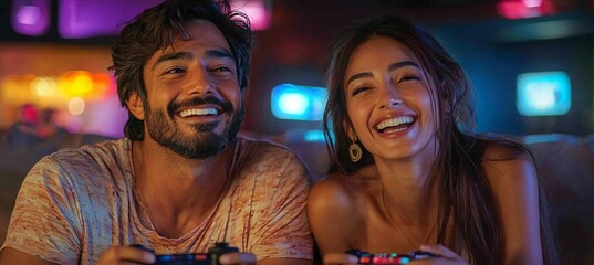 Couple laughing while playing video games