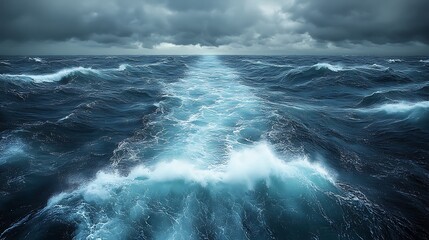 Fototapeta premium A ship's wake cuts through choppy waves, a stormy sky overhead.