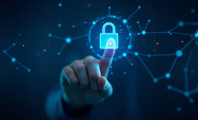 Fototapeta premium A futuristic finger interacts with a holographic security lock, surrounded by glowing digital nodes in a high-tech environment.