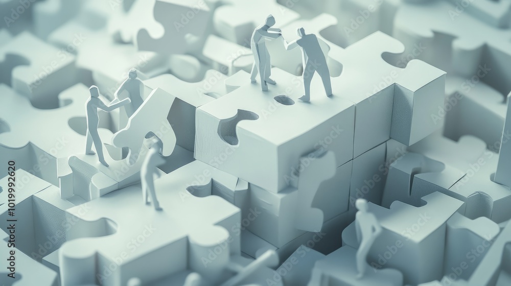Aufkleber businessmen in paper form, working in a 3d space to complete a large puzzle, symbolizing problem-sol