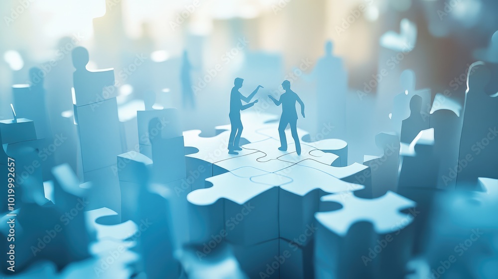 Aufkleber businessmen in paper form, working in a 3d space to complete a large puzzle, symbolizing problem-sol