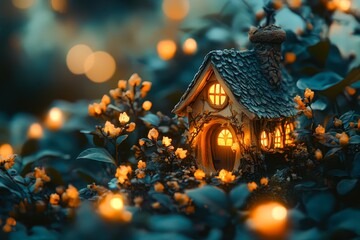 A magical, glowing fairy house nestled amidst blooming flowers and soft lights, perfect for fantasy themes, storytelling illustrations, or whimsical home decor inspiration,