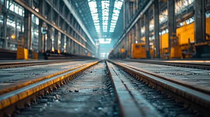 Industrial Railway Tracks Leading Through an Open Structure