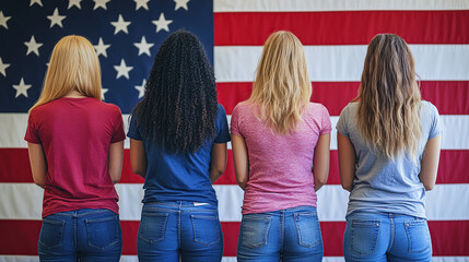 Obraz premium diverse women in front of an American flag, standing at the voting booth with their backs to the camera
