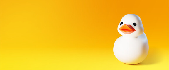 White rubber duck on yellow background. Vector realistic illustration of cute ducky with eyes and beak, inflatable toy for bath or swimming pool, domestic hygiene symbol, bird mascot on blank backdrop