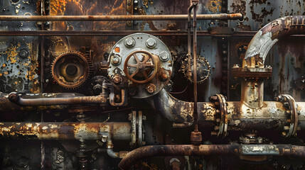 An industrial background with textures of rusted metal, gears, and worn pipes, capturing a gritty, mechanical aesthetic with realistic details and depth 