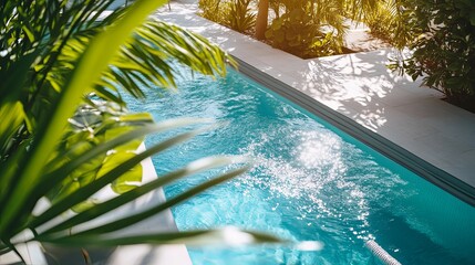 Blue Swimming Pool with Palm Trees and White Tile Deck