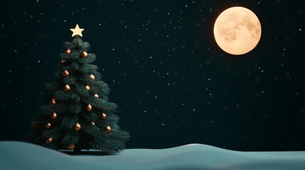Naklejka premium Snowy forest clearing with a decorated fir tree, bright full moon above, Christmas backdrop, mystical and serene holiday night