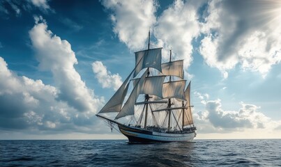 Fototapeta premium A majestic sailing ship with white sails billowing in the wind against a backdrop of a blue sky with white clouds.