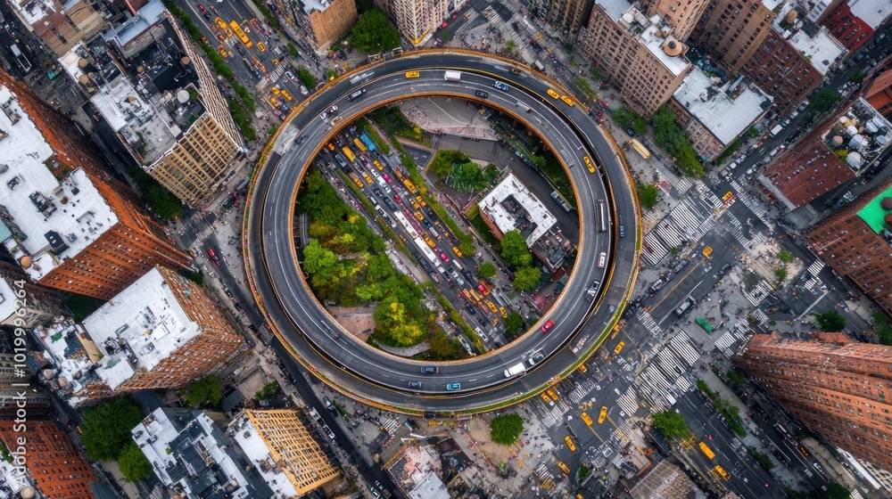 Poster aerial view of a circular highway with traffic and greenery in an urban setting.