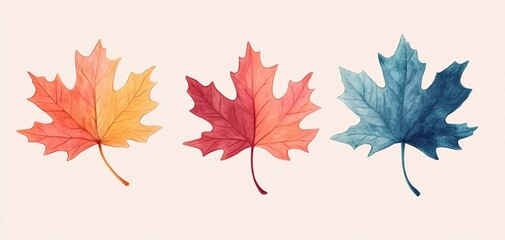 Fototapeta premium Colorful autumn maple leaves on a white background, showcasing vibrant hues of orange, red, and teal.
