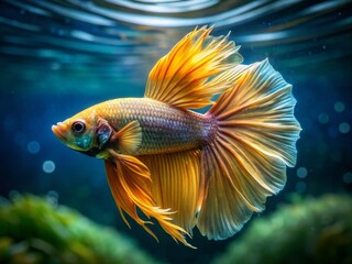 Stunning Gold Betta Fish Swimming Gracefully in Crystal Clear Water with Vibrant Fins and Colors