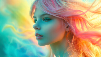 A woman with vibrant rainbow hair blows in the wind, capturing the essence of freedom and color in an outdoor setting