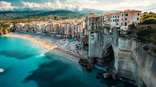 A beautiful view of Tropea, Italy, with its charming buildings perched on a cliff overlooking the turquoise waters of the Mediterranean Sea