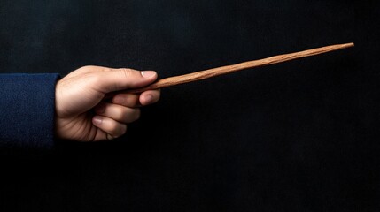 Close-up of a hand holding a wooden wand against a dark background, showcasing the texture and grain of the wand.