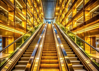 Fototapeta premium Stunning Golden Escalator in Modern Architecture Creating a Luxurious and Elegant Atmosphere
