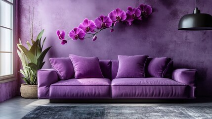 Minimalist purple living room interior with orchid flower