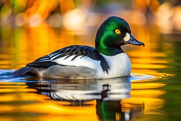 Obraz premium Stunning Goldeneye Duck in Natural Habitat Captured in Vibrant Colors and Dynamic Poses