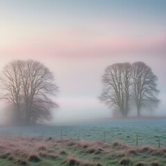 Fototapeta premium A soft, misty morning sky with pastel tones of pink and blue, with the fog rising from the fields and trees barely visible in the distance 