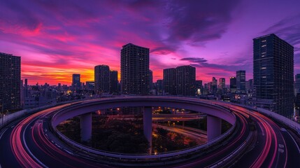 Fototapeta premium A vibrant cityscape at sunset, showcasing urban architecture and dynamic traffic.