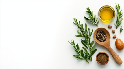 Rosemary  Peppercorns  Olive Oil  and Almonds on White Background
