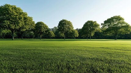 Obraz premium Wide expanse of a grassy field with evenly spaced lush green trees under a clear blue sky.