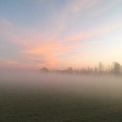 Naklejka premium A soft, misty morning sky with pastel tones of pink and blue, with the fog rising from the fields and trees barely visible in the distance 