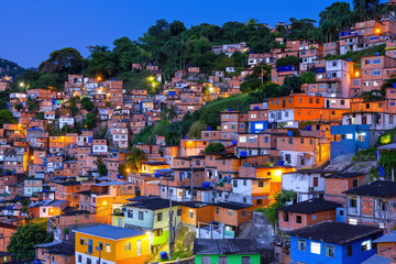 favela at night, countless lit windows and glowing screens visible amidst poverty