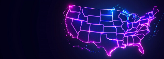 A map of the Usa with neon lights. AI generation