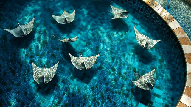 A top-down view of a pool with eight manta rays swimming around in the water