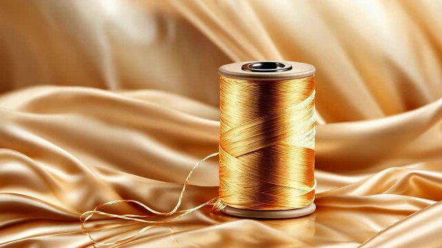A spool of gold thread sits on top of a golden silk fabric