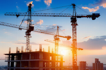 multiple cranes silhouetted against dramatic sunset sky, partially constructed building in foreground