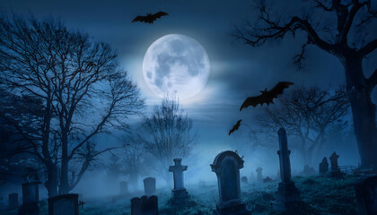 Fototapeta premium Wide angle shot of spooky graveyards on Halloween night with fogy and full moon background