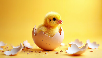 Cute baby chick hatching out of broken egg on transparent background